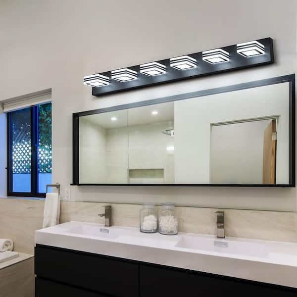 Runesay 37 in. Modern 5-Light Black Acrylic LED Mirror Vanity Light Fixture for Bathroom Over Mirror Bath Wall Lighting