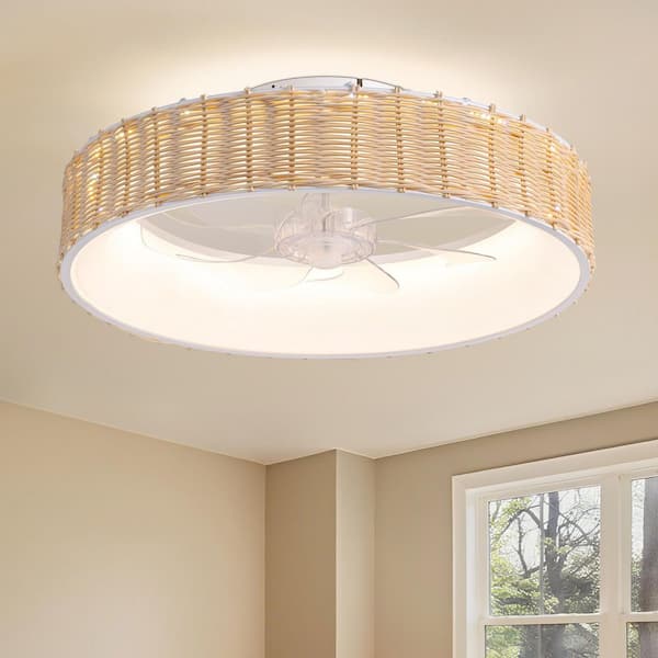 20 in. Indoor White Boho Flush Mount Rattan Ceiling Fan with Light and Remote, Dimmable Low Profile Ceiling Fan