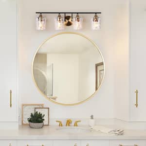 Modern Black Wall Sconce Lighting, 28 in. 4-Light Brass Gold Bathroom Vanity Light with Water Glass Shades