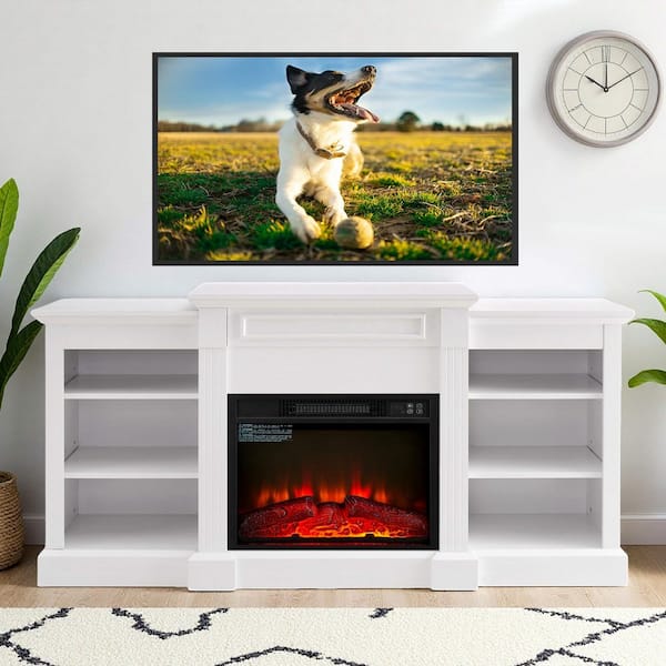 65 in. Freestanding Entertainment Console TV Stand with 23 in. Fireplace Insert, Sliding Door TV Cabinet, Antique brown
