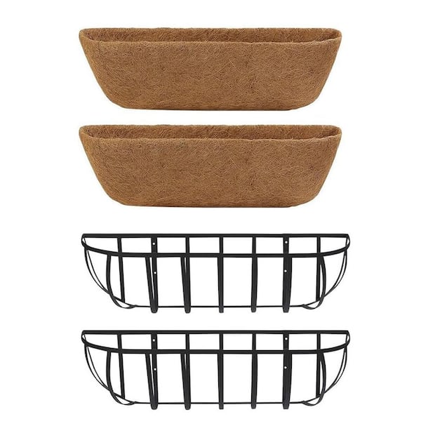 24" Black Finish Metal Weather-Resistant Hanging Window Box Planter with Coco Liner Features, 2 Pack