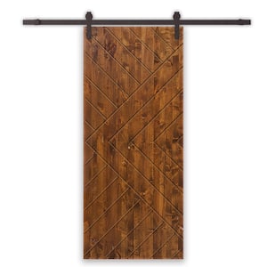 Chevron Arrow 36 in. x 80 in. Fully Assembled Solid Core Walnut Stained Wood Modern Sliding Barn Door with Hardware Kit