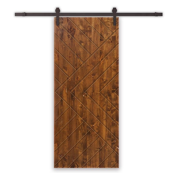 CALHOME Chevron Arrow 36 in. x 80 in. Fully Assembled Solid Core Walnut Stained Wood Modern Sliding Barn Door with Hardware Kit