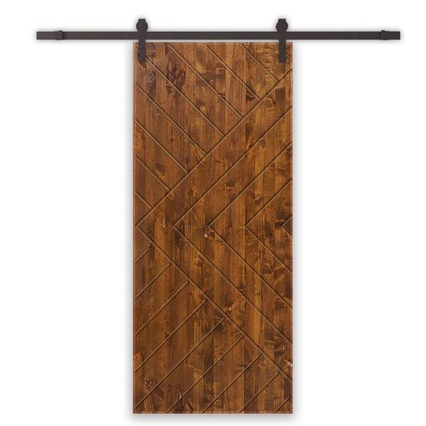 CALHOME Chevron Arrow 32 in. x 84 in. Fully Assembled Solid Core Walnut Stained Wood Modern Sliding Barn Door with Hardware Kit