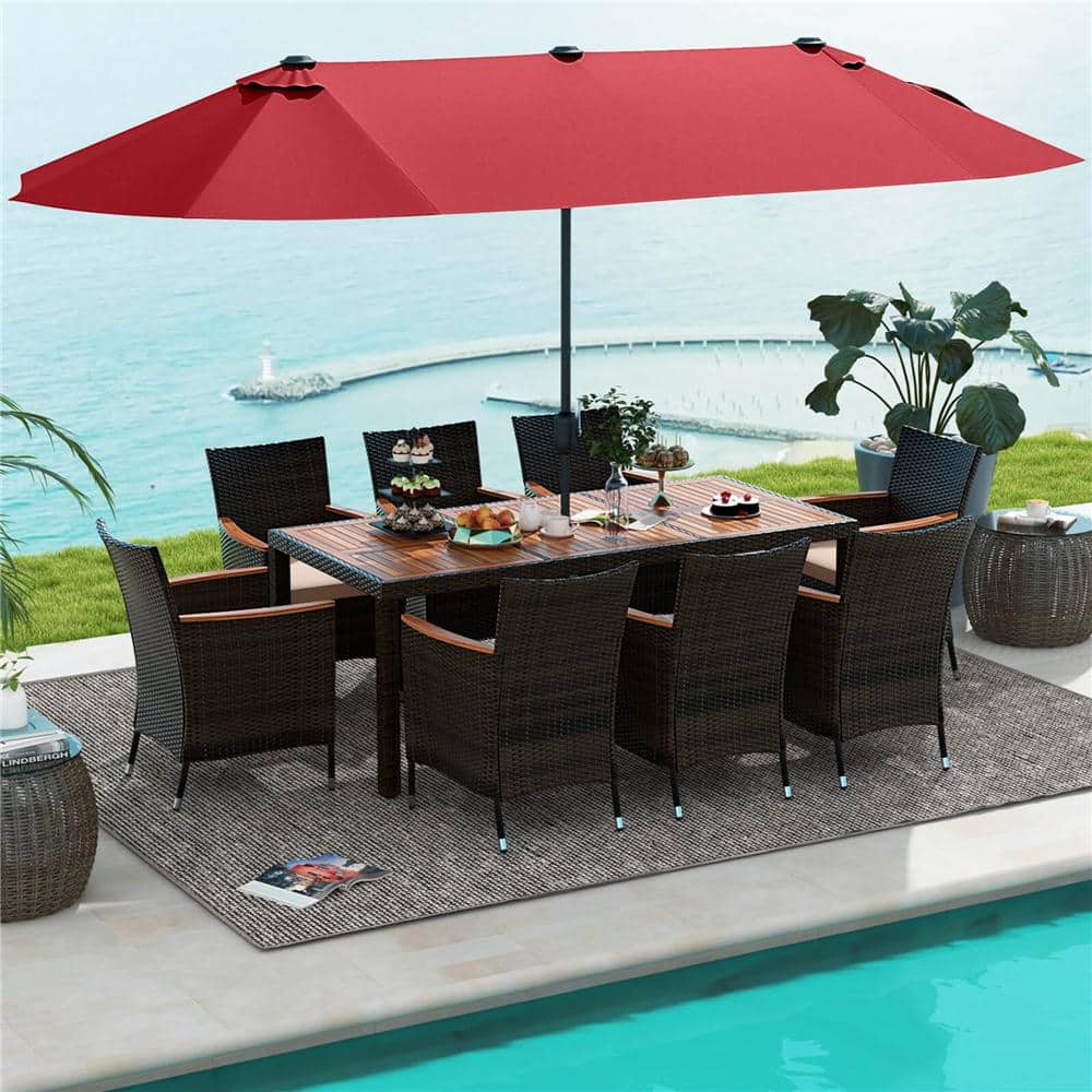 Costway Brown 11-Piece Metal Rectangle 29 in. Outdoor Dining Set with ...