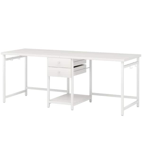 Perry 78 in. Rectangle White Storage Shelves 2-Drawers Computer Double Desk, Large Long Writing Table Study Desks