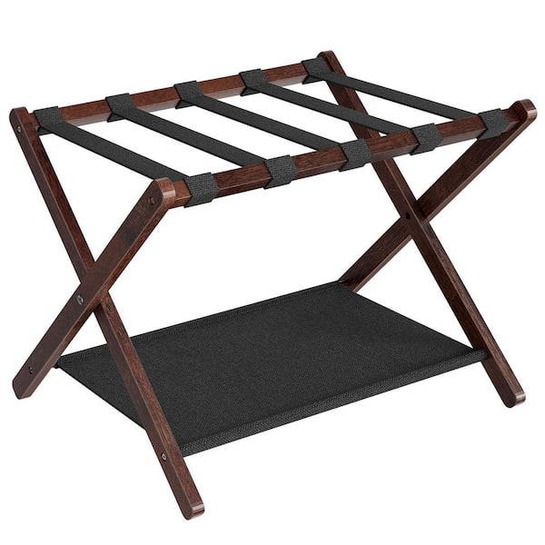 Black Luggage Rack, Bamboo Suitcase Stand, Folding Luggage Holder, with Nylon Straps and Oxford Fabric Shelf