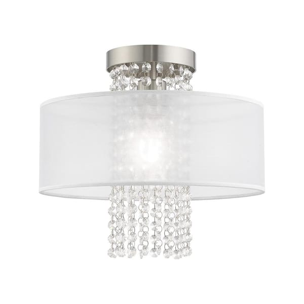 AVIANCE LIGHTING Grovehaven 13 in. 1-Light Brushed Nickel Semi Flush Mount with Translucent Fabric shand and Clear Crystals