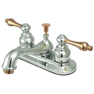 Restoration 4 in. Centerset 2-Handle Bathroom Faucet with Plastic Pop-Up in Polished Chrome/Polished Brass