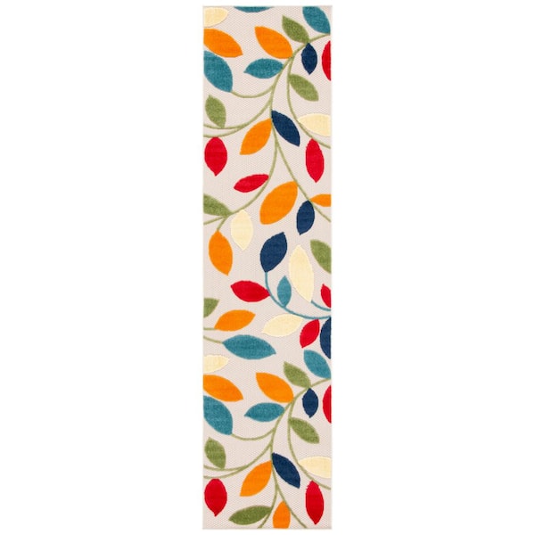 Cabana Ivory/Green 2 ft. x 11 ft. Scroll Leaf Indoor/Outdoor Runner Rug