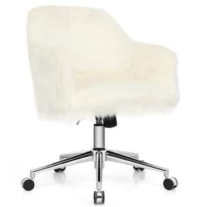 White Faux Fur Swivel Office Chair Adjustable Task Chair Fluffy Vanity Chair