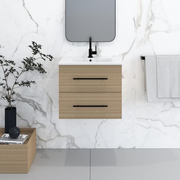 VOLPA USA AMERICAN CRAFTED VANITIES Napa 24 in. W. x 18 in. D Single Sink Bathroom Vanity Wall Mounted in Sand Pine with Ceramic Integrated Countertop