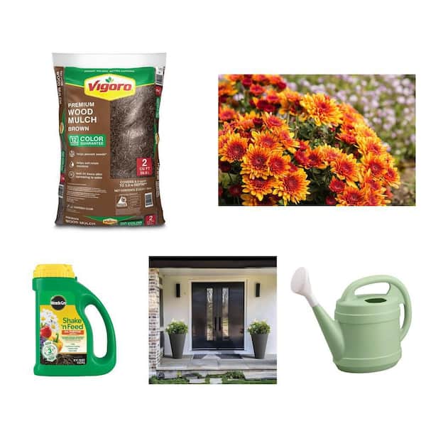 6 in. Orange Mum Plant (2-Pack), 2 cu. ft. Brown Mulch, Plant Food, Watering Can, and 23 in. Planter Pots Combo