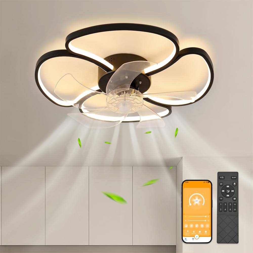 19.69 in. Black Modern Low Profile Indoor LED Ceiling Fan with Light and Re