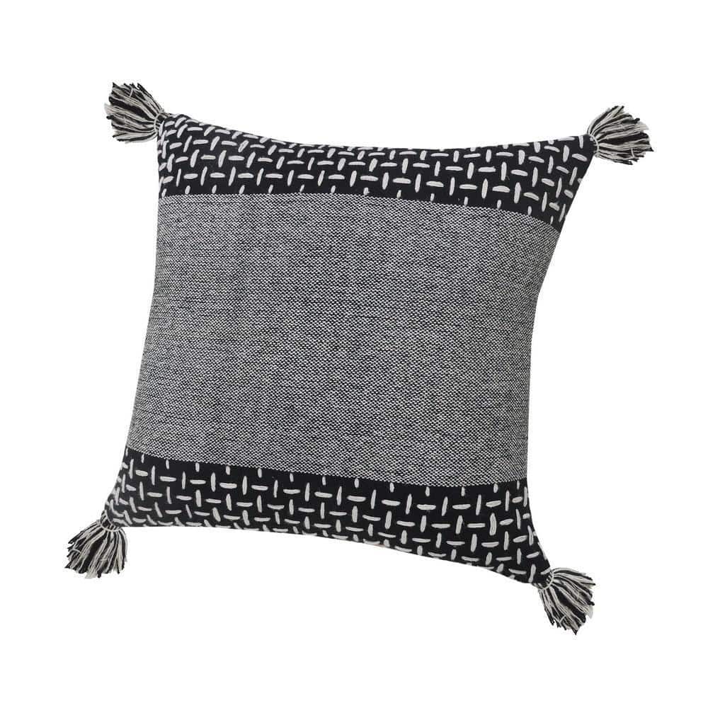 LR Home Interwoven Dash 20" Square Black/White Cotton Throw Pillow with Tassels