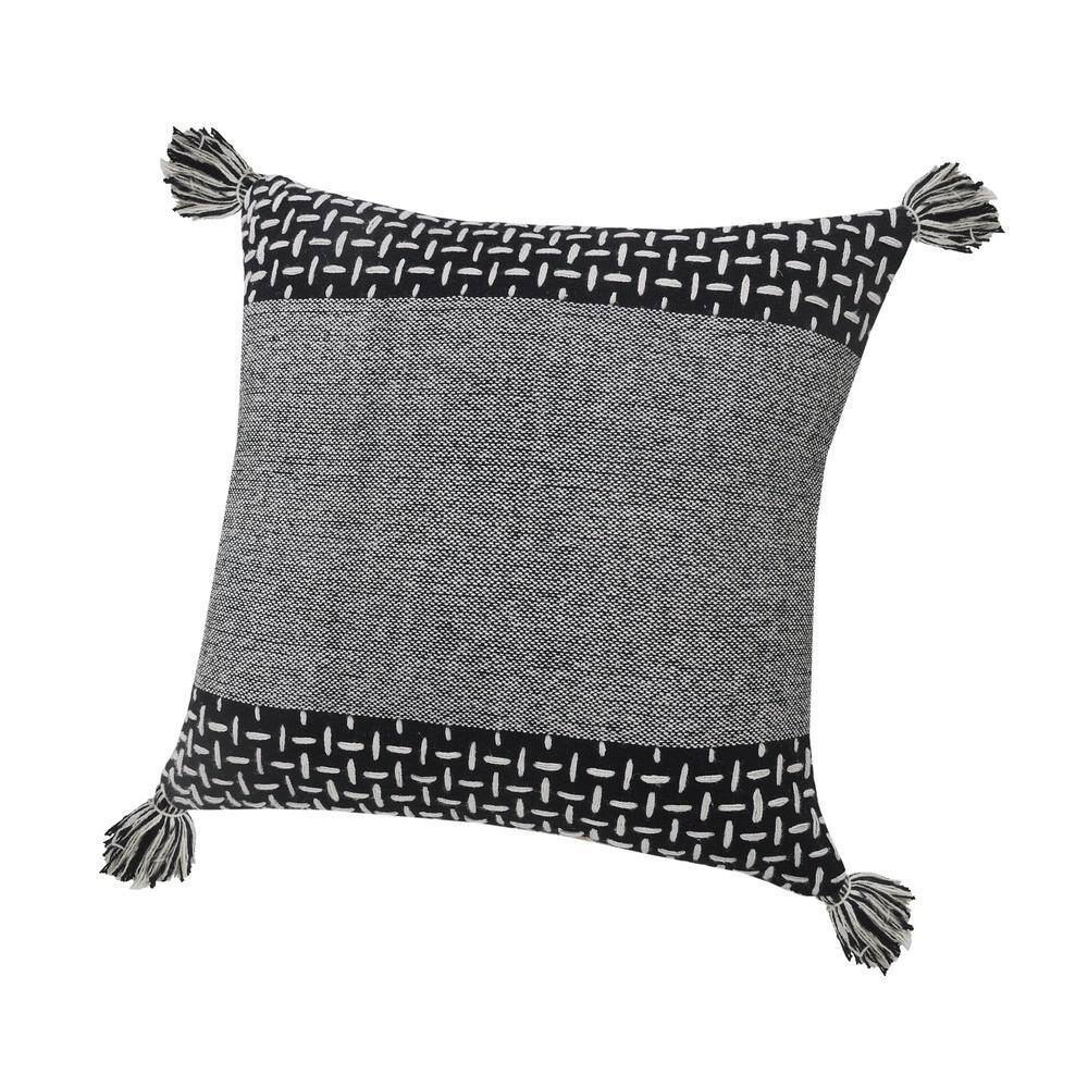 LR Home Interwoven Dash 20" Square Black/White Cotton Throw Pillow with Tassels