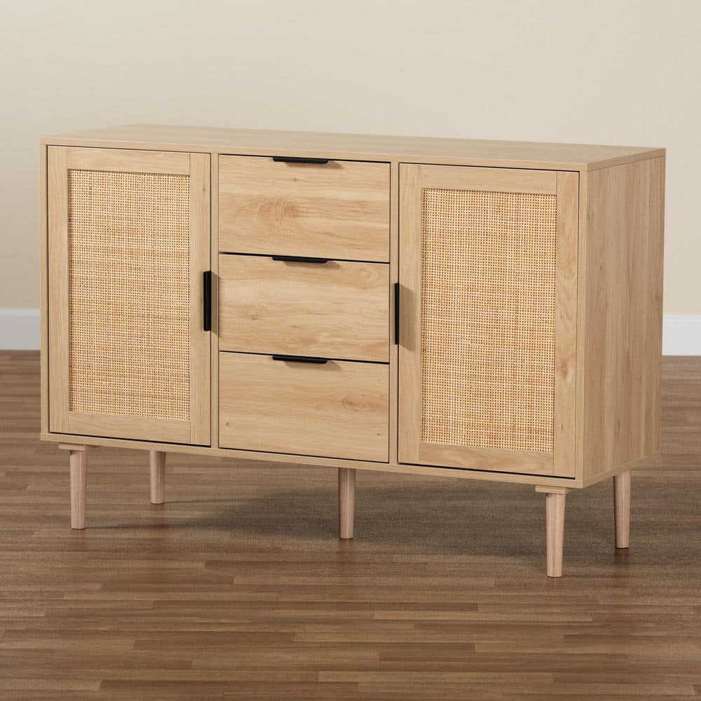 Harrison Natural Wood and Rattan 3-Drawer Buffet Sideboard