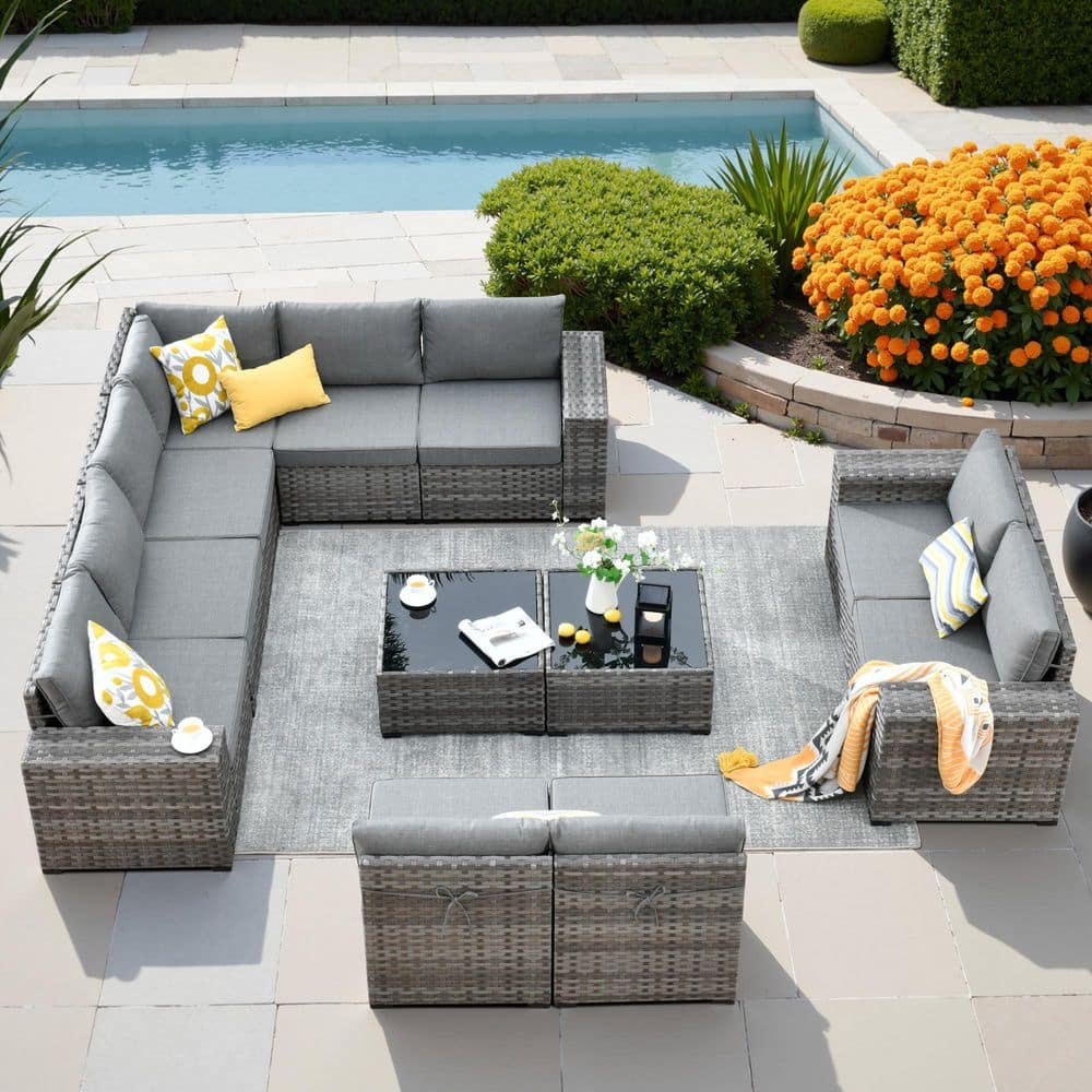 Tahoe Grey 12-Piece Wicker Wide Arm Outdoor Patio Conversation Sofa Seating Set with Grey Cushions price history on PriceWatchPro