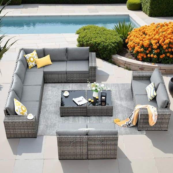 HOOOWOOO Tahoe Grey 12-Piece Wicker Wide Arm Outdoor Patio Conversation Sofa Seating Set with Grey Cushions