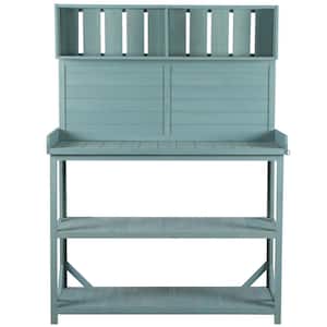 19.30 in. x 46.90 in. Outdoor Green Wooden Garden Potting Bench Table with 4-Storage Shelves and Side Hook