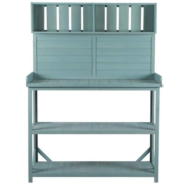Boosicavelly 19.30 in. x 46.90 in. Outdoor Green Wooden Garden Potting Bench Table with 4-Storage Shelves and Side Hook