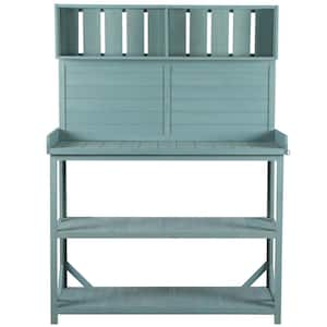 19.30 in. x 46.90 in. Outdoor Green Wooden Garden Potting Bench Table with 4 Storage Shelves and Side Hook