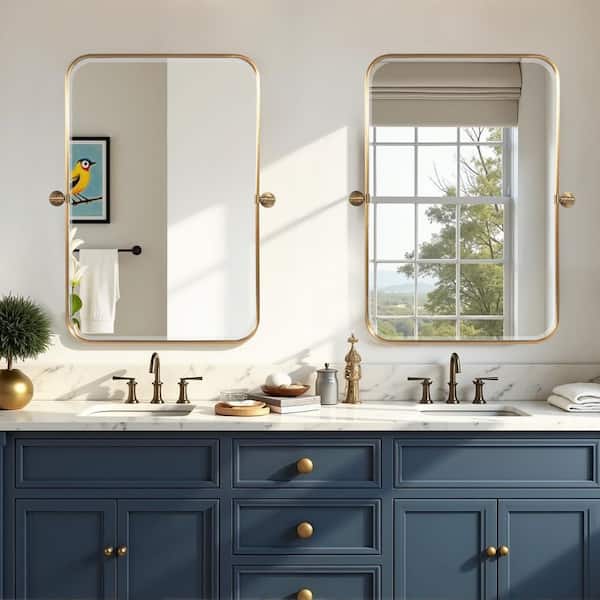 Set of 2 Gold Bathroom Mirrors 23 in. W x 32 in. H Round Corner Rectangle Iron Framed