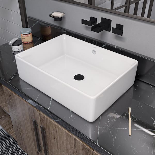Rectangular Ceramic Vessel Sink in White with Overflow Cover