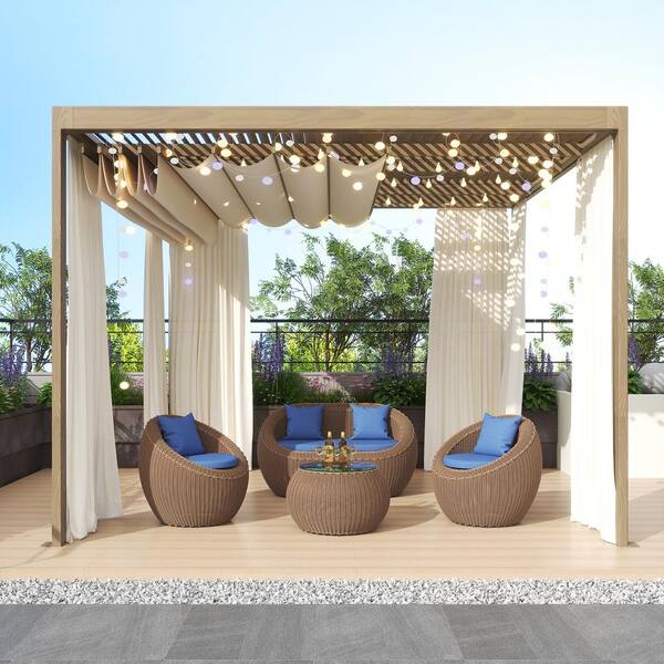TWT Natural Wood Color 4-Piece Hand-Woven Wicker Aluminum Outdoor Sofa Couch Set with Blue Seat Cushion and Back Cushion