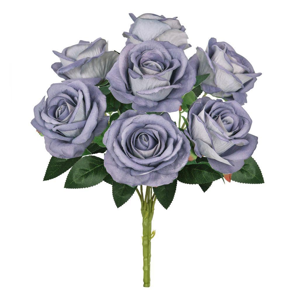 LIVING LUXURY 16 in. Grey Blue Artificial Velvet Rose Flower Stem