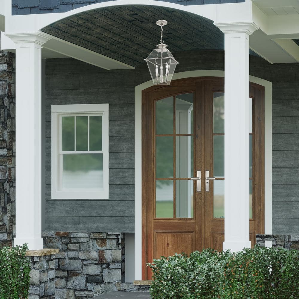 Brushed Nickel 3-Light Outdoor Pendant Lantern with Clear Beveled Glass