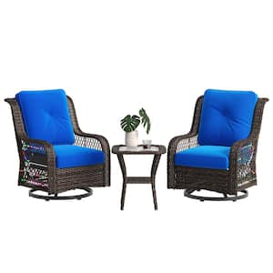 3-Piece Wicker Patio Conversation Deep Seating Set with Blue Cushions and LED Lights