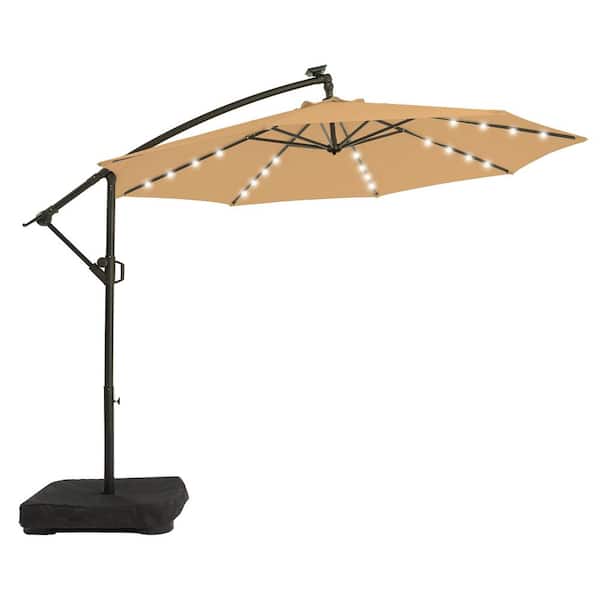 wikiwiki 10 ft. Solar LED Patio Offset Umbrella Outdoor Cantilever Umbrella with Weighted Base Tan