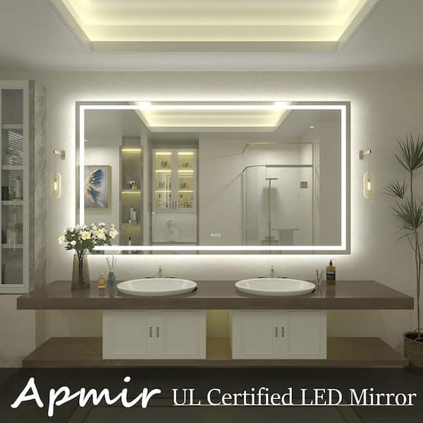 68in.W x38in.H Rectangular Frameless UL Certified Front and Back LED Anti-Fog Tempered Glass Wall Bathroom Vanity Mirror