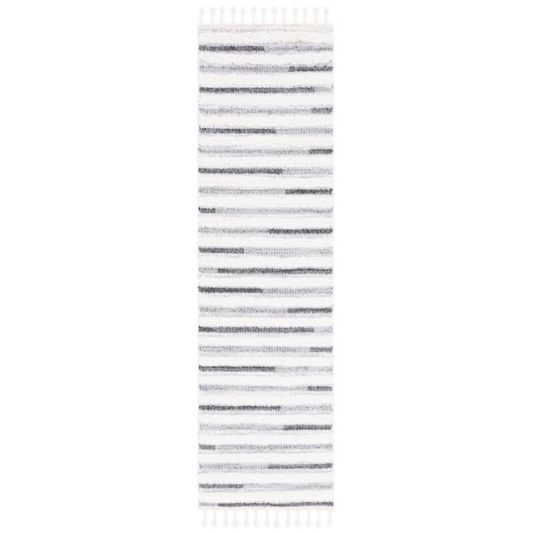 Moroccan Tassel Shag 2 ft. x 8 ft. Ivory/Gray Striped High-Low Runner Rug