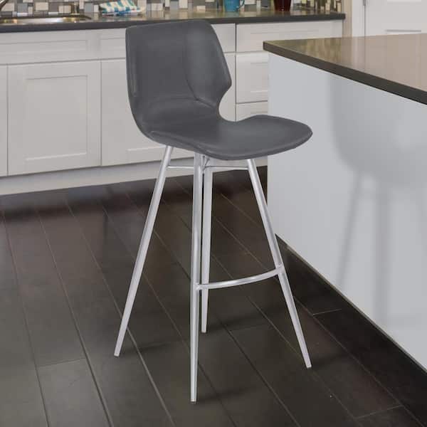 Armen Living Zurich 26 in. Counter Height Metal Bar Stool in Vintage Gray Faux Leather with Brushed Stainless Steel