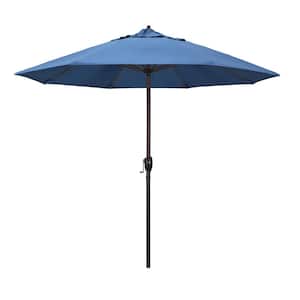 9 ft. Aluminum Market Auto Tilt Crank Lift Bronze Patio Umbrella in Frost Blue Olefin