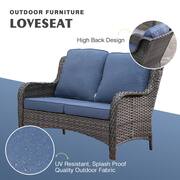 Daydreamer Gray 6-Piece Wicker Patio Fire Pit Set with Denim Blue Cushions and Swivel Rocking Chairs