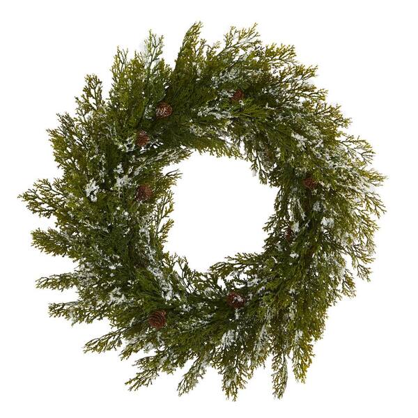 Nearly Natural 20 in. Snowed Artificial Cedar Wreath with Pine Cones