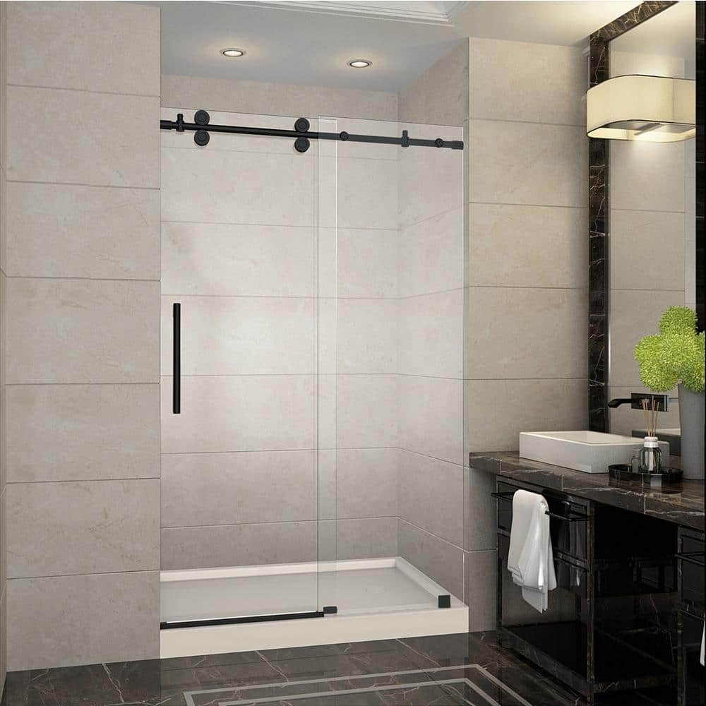 Langham 48 in. x 36 in. x 77.5 in. Frameless Sliding Shower Door in Matte Black, Right Drain price history on PriceWatchPro