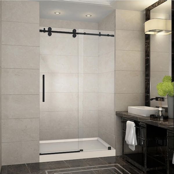 Aston Langham 48 in. x 36 in. x 77.5 in. Frameless Sliding Shower Door in Matte Black, Right Drain