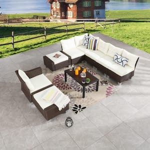 9-Piece Wicker Patio Conversation Sectional Seating Set with Beige Cushions