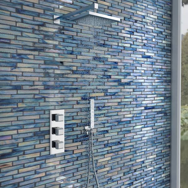 Waterscape Beach Blue 4 in. x 0.24 in. Polished Glass Mosaic Wall Tile Sample