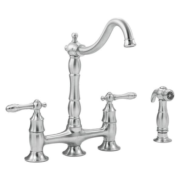 Glacier Bay Lyndhurst 2-Handle Bridge Kitchen Faucet Side Sprayer in Stainless Steel