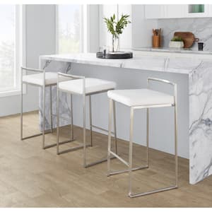 Fuji 27.75 in. White Velvet and Stainless Steel Stackable Counter Stool (Set of 3)