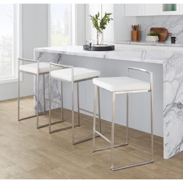 Lumisource Fuji 27.75 in. White Velvet and Stainless Steel Stackable Counter Stool (Set of 3)