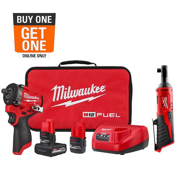 Milwaukee M12 FUEL 12V Li-Ion Brushless Cordless Stubby 1/2 in. Impact Wrench Kit w/(2) High Output Batteries & 3/8 in. Ratchet