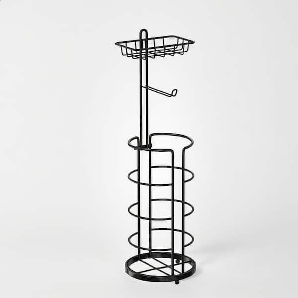 2 Pack Upgraded Free-Standing Toilet Paper Holders with Shelf (No Drilling) in Black