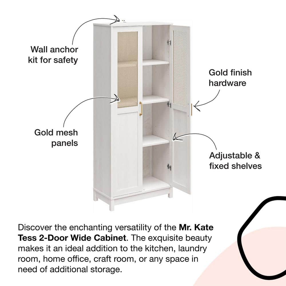 Ivory Oak 2-Door Storage Cabinet with Gold Mesh Doors