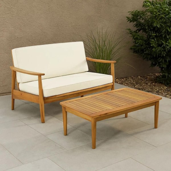 Roxy 2-Piece Brown Acacia Wood Outdoor Loveseat and Coffee Table Patio Conversation Set with Cream Cushions